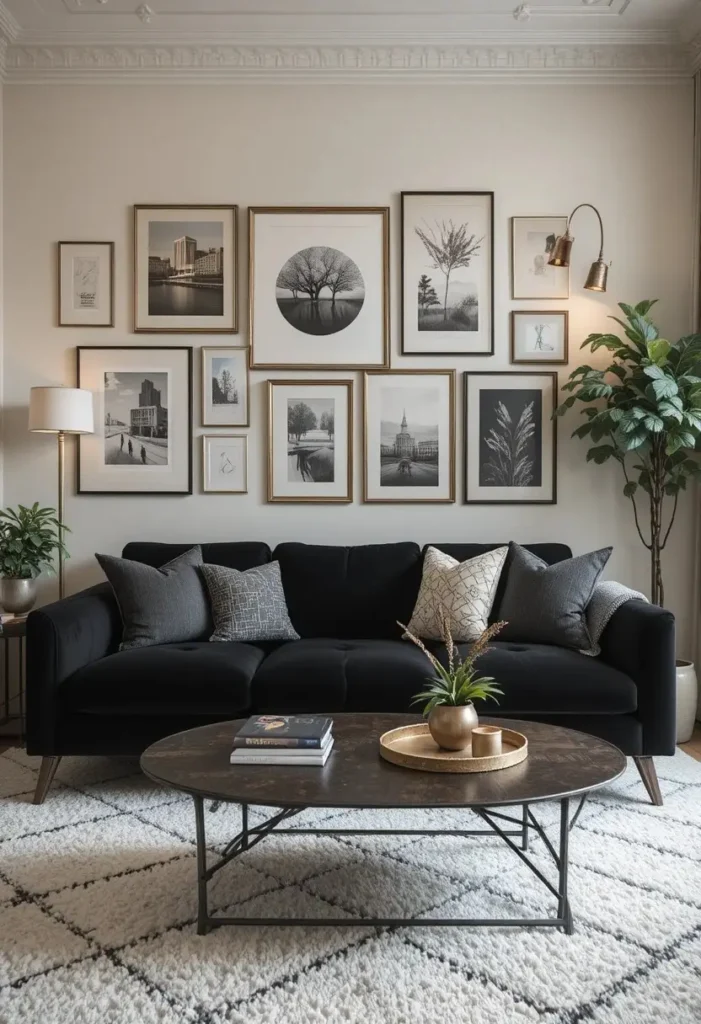 Black furniture with stylish gallery wall decor