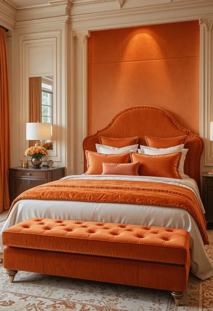 Orange velvet bedroom decor with elegant layered textures.