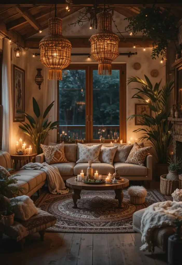 Boho living room with soft ambient lighting