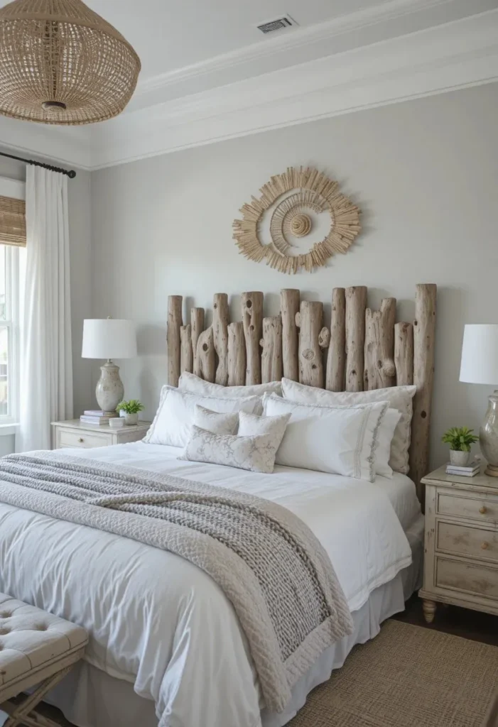 Driftwood-inspired headboard in a coastal bedroom