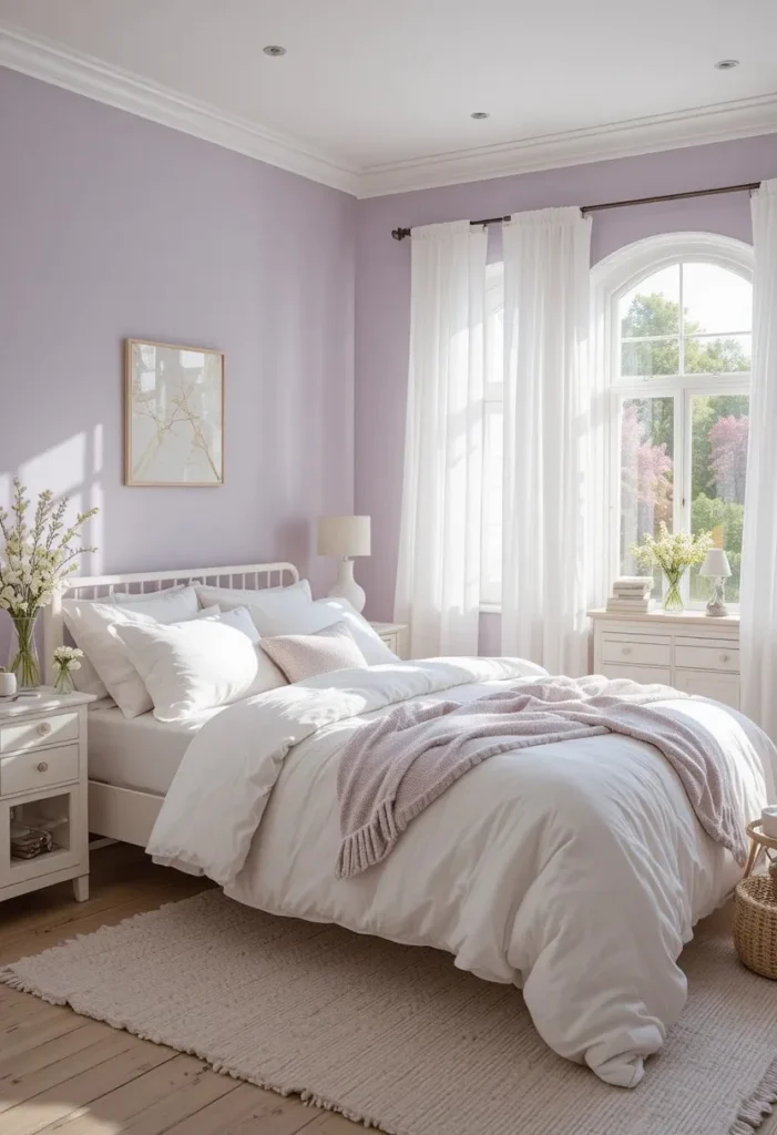 Soft lavender bedroom with airy white decor and natural light