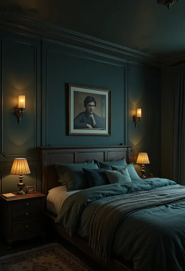 Dark green bedroom with soft warm lighting creating a cozy and relaxing atmosphere