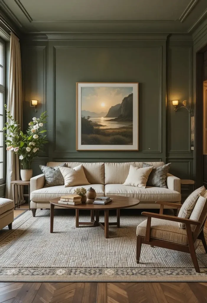 Olive green living room walls with rich warm decor.