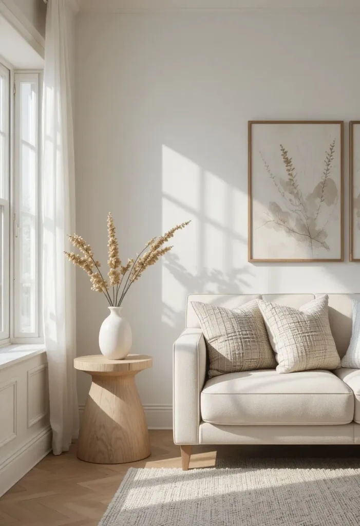 Soft neutral side table in a cozy living room