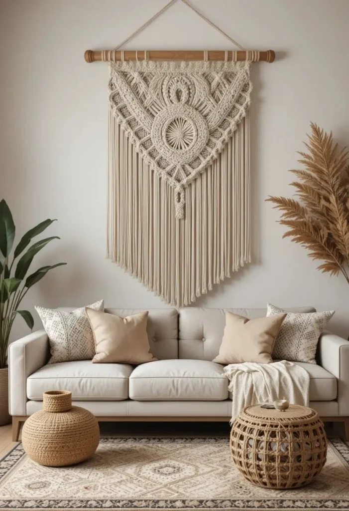 Macrame wall decor in a boho living room