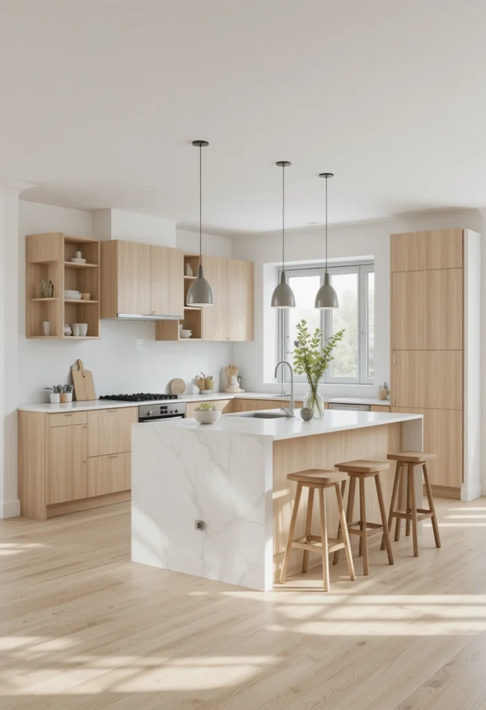 Scandinavian U shaped kitchen with light wood and minimalist island.