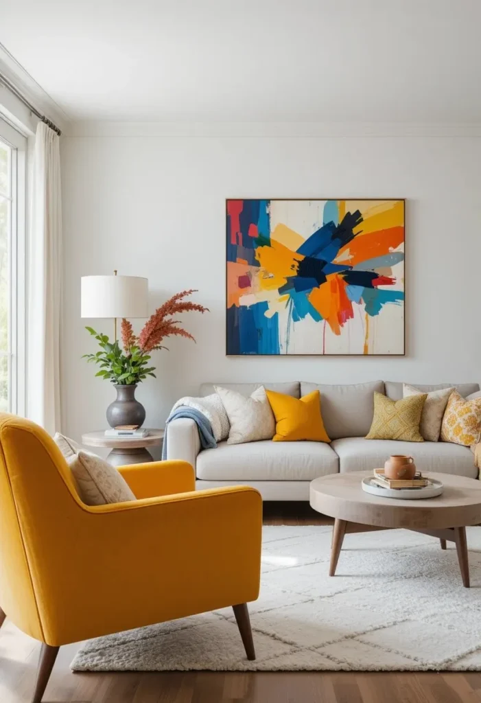 Colorful mustard accent chair brightening a modern living room.