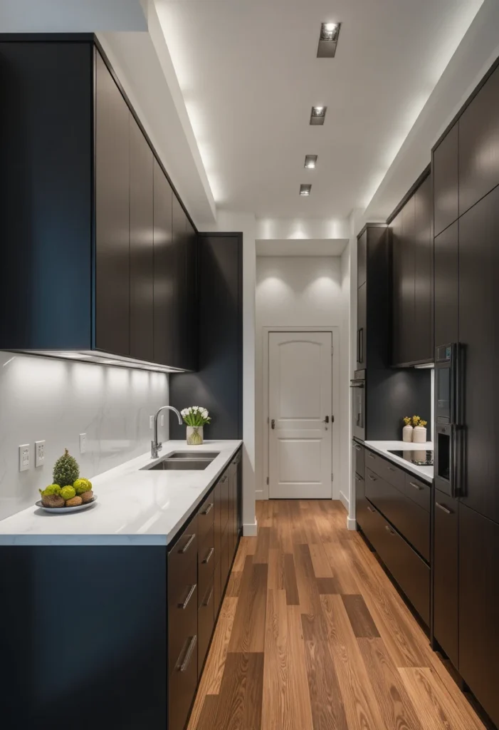 Stylish galley kitchen layout with narrow design
