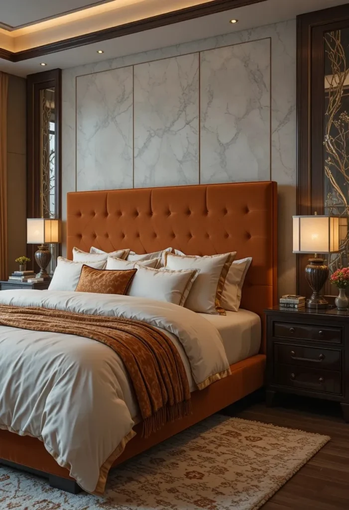 Elegant orange velvet bedroom with warm lighting and layered textures.