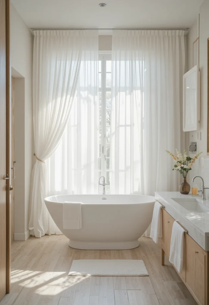 Sheer white bathroom curtains creating a bright airy spa-inspired bathroom.