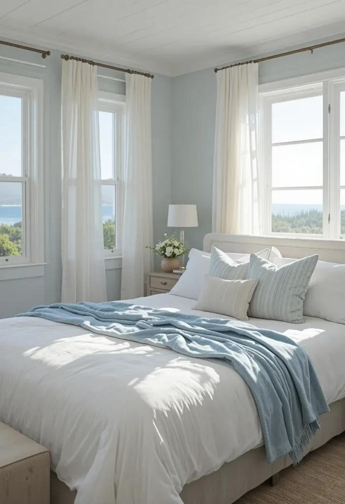 Soft blue and white layered bedding in a beach bedroom