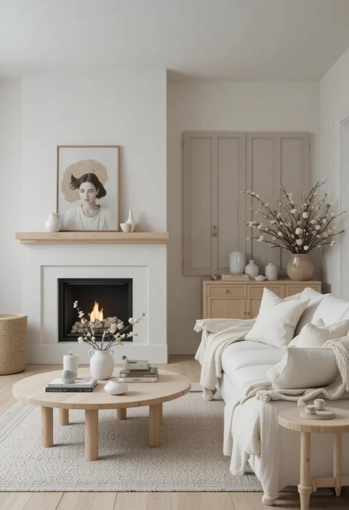 Scandinavian living room with minimalist fireplace design.