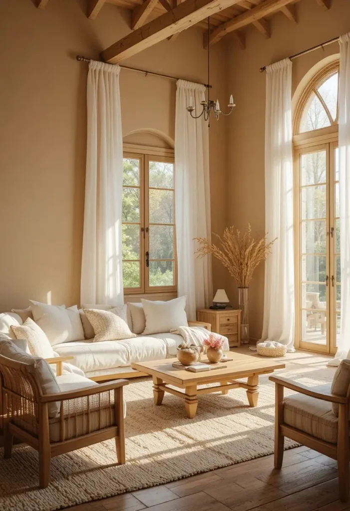 Warm sand-colored living room walls with bright sunlit decor.