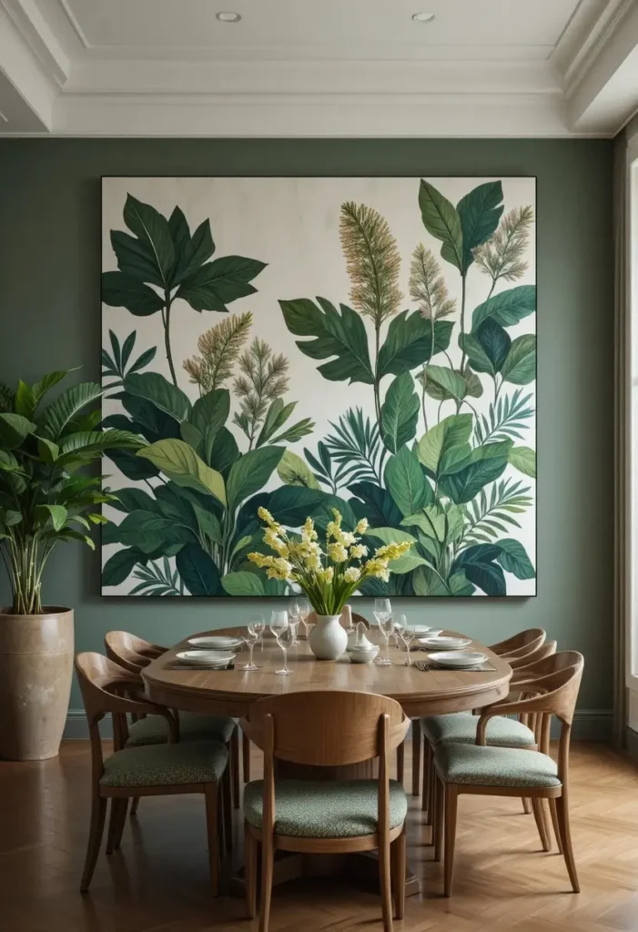 Fresh dining room with botanical artwork and calming natural style.