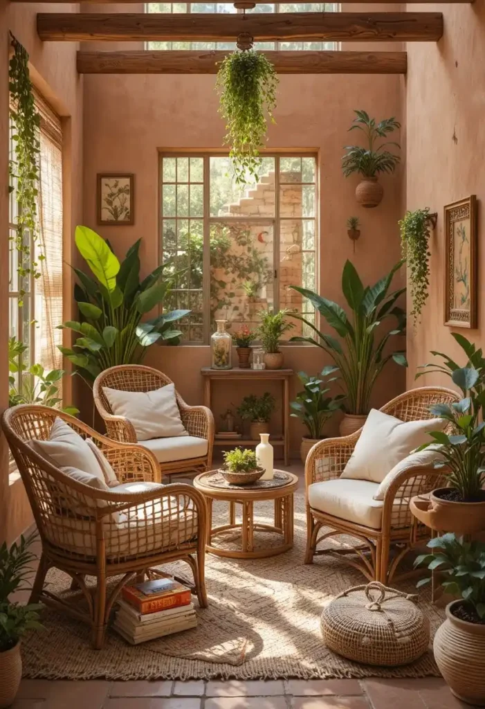 Boho sunken living room with natural textures and earthy decor.