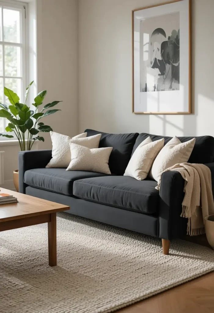 Black sofa with neutral cozy layers in modern living room