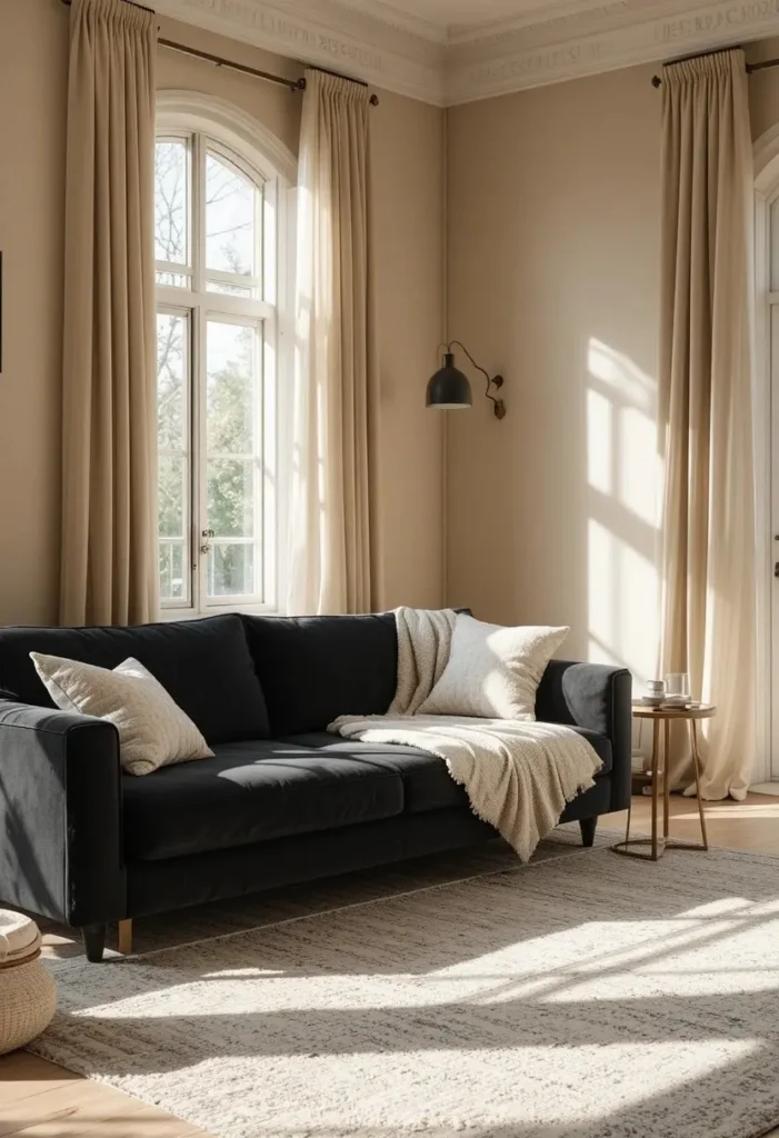 Black furniture balanced with soft beige tones