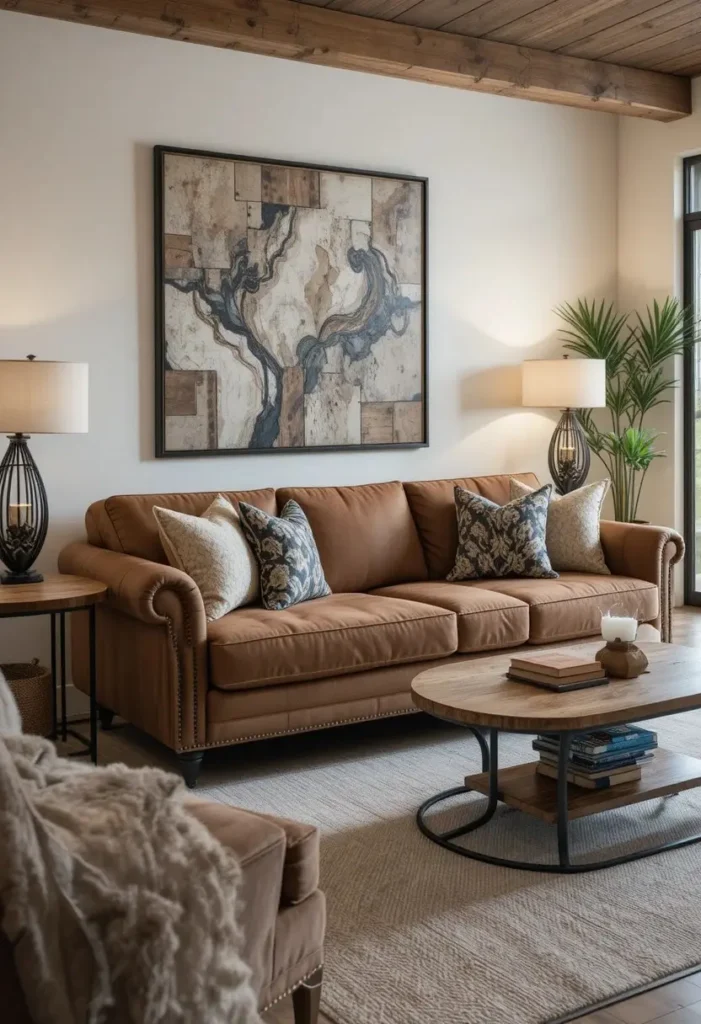 Modern rustic living room with brown couch