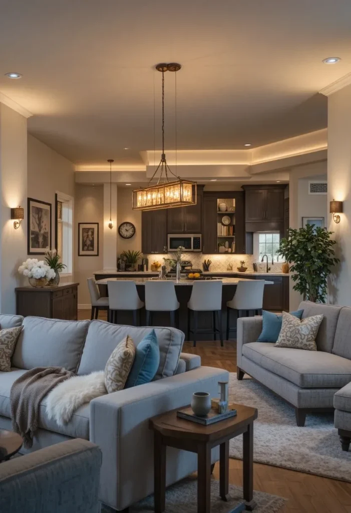 Cozy open-concept home with layered warm lighting