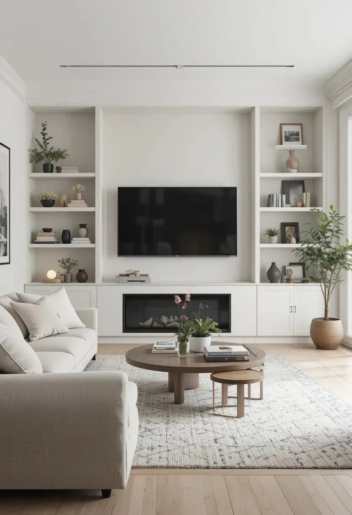 Minimal built-in shelves creating a clean and modern living room