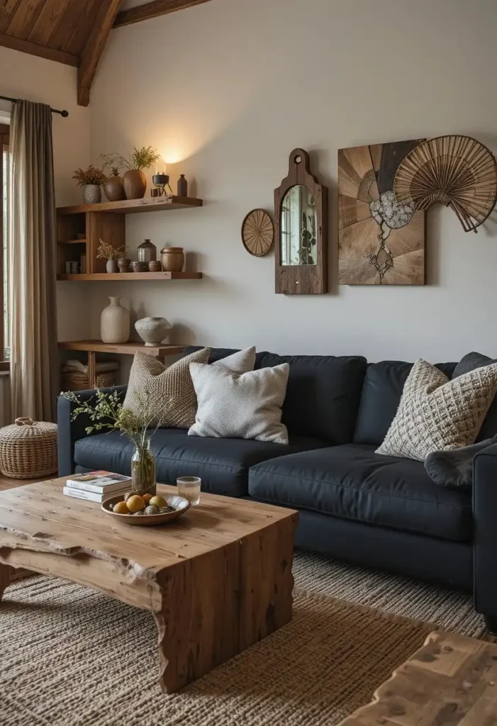 Black furniture combined with natural wood elements