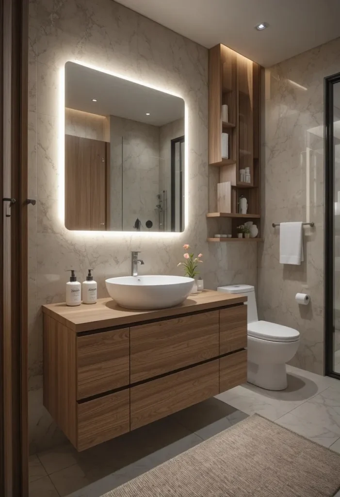 Floating wood vanity with minimal white sink in a modern bathroom.