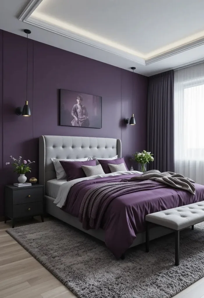 Modern purple and gray bedroom with sleek decor