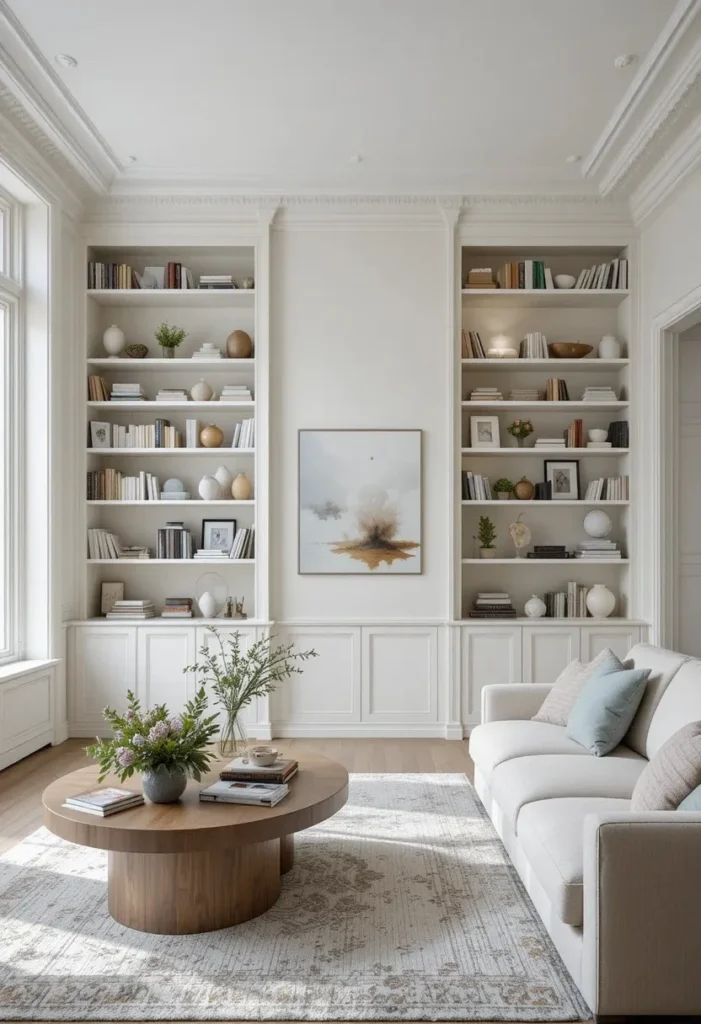 Floor-to-ceiling built-in shelves making living room feel tall and elegant