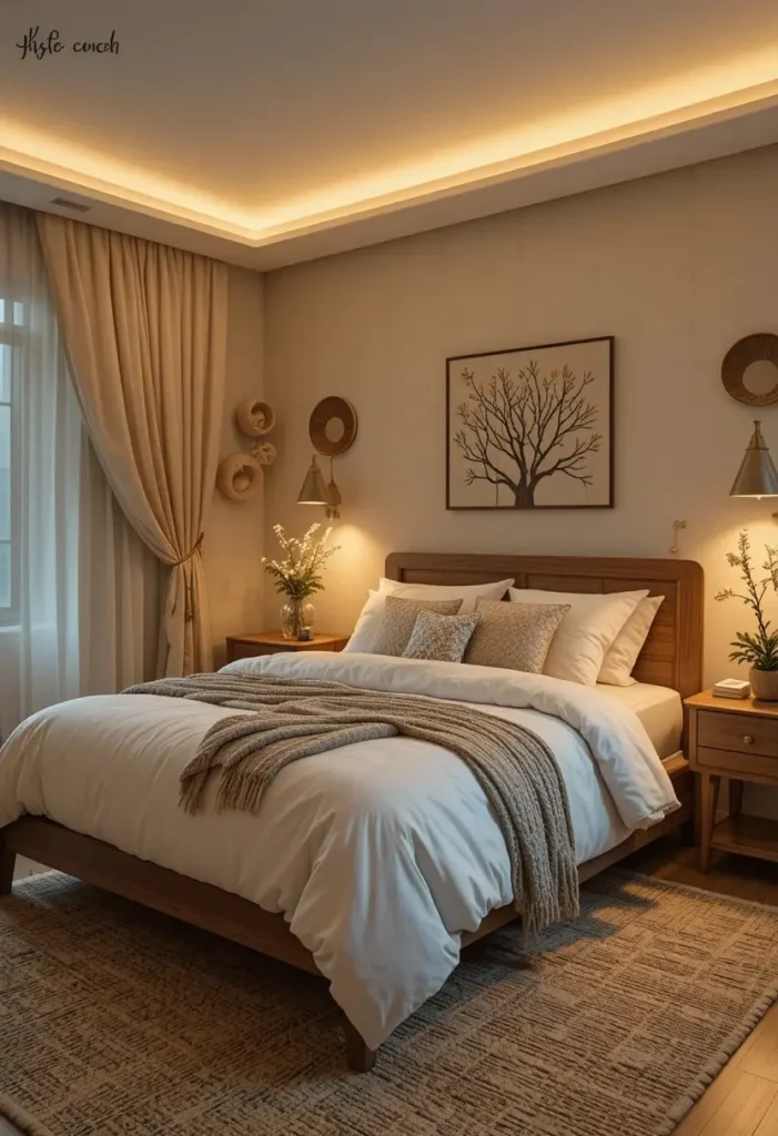 warm LED lighting with natural textures in cozy bedroom decor