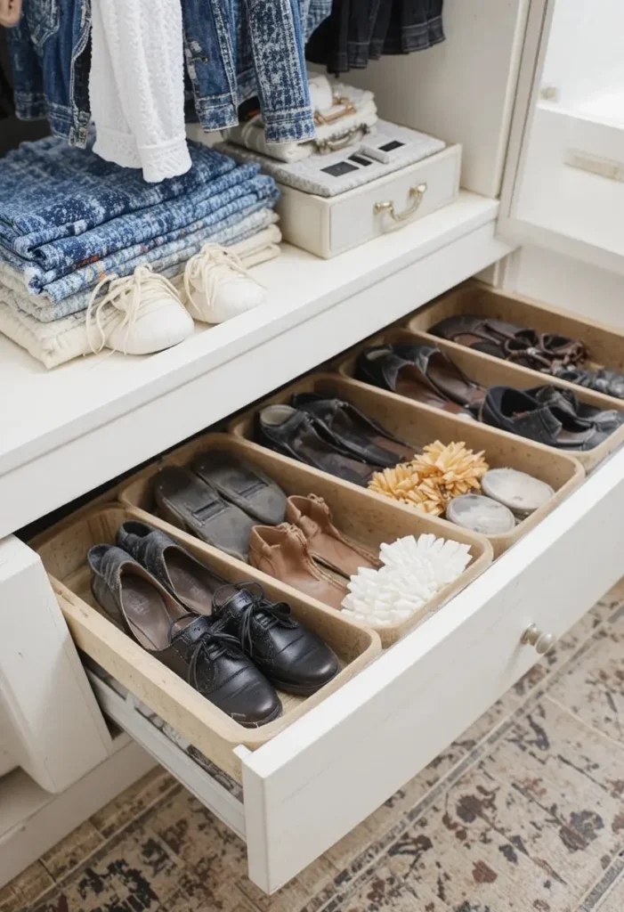 Drawer dividers organizing shoes neatly inside closet storage
