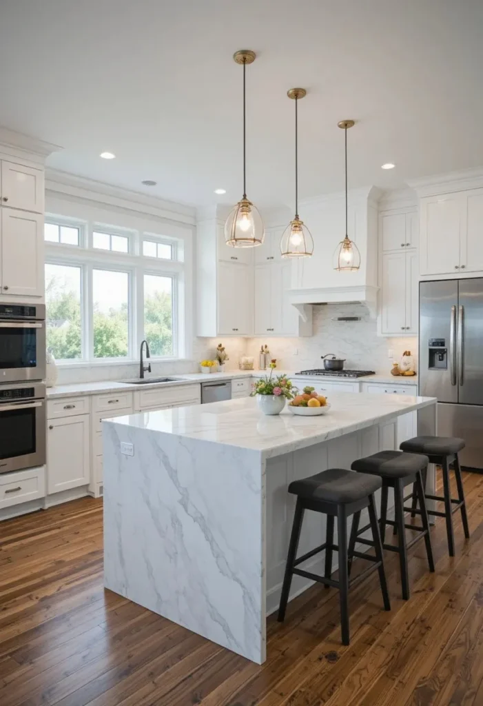 White L shaped kitchen with waterfall island and warm modern finishes.