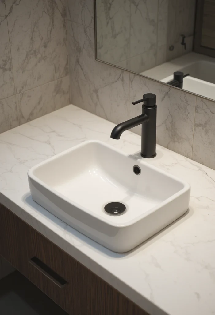 Bathroom sink with matte black fixtures and modern neutral decor.