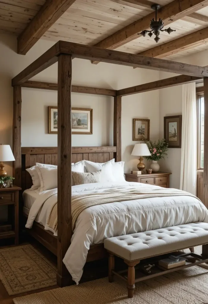 rustic wooden canopy bed ideas with warm farmhouse bedroom style