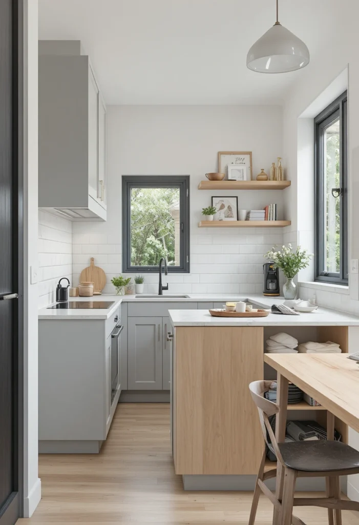 Small kitchen with compact island and smart space-saving layout.