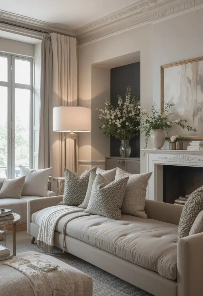Oversized floor lamp shade creating cozy lighting in a living room.