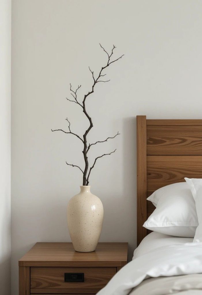Single curved branch styled in a cream stoneware vase on an oak nightstand in a Japandi bedroom.