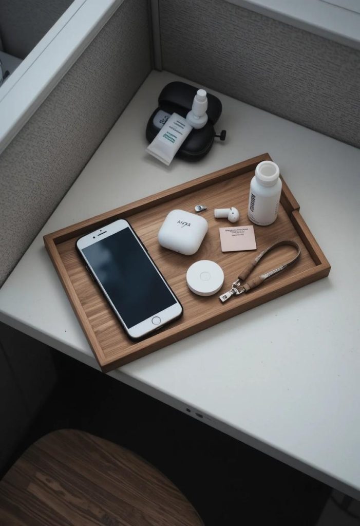Walnut wooden tray on a cubicle desk holding a phone, earbuds case, lip balm, hand cream, and ID badge