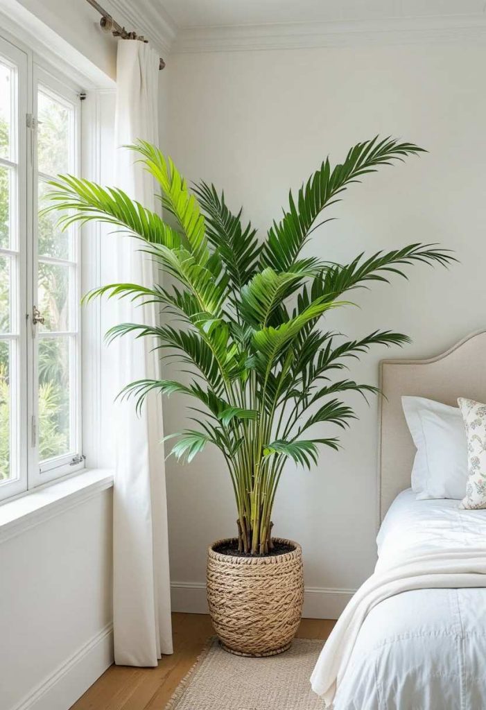 Tall indoor areca palm in a seagrass basket in the corner of a coastal bedroom with sheer curtains.