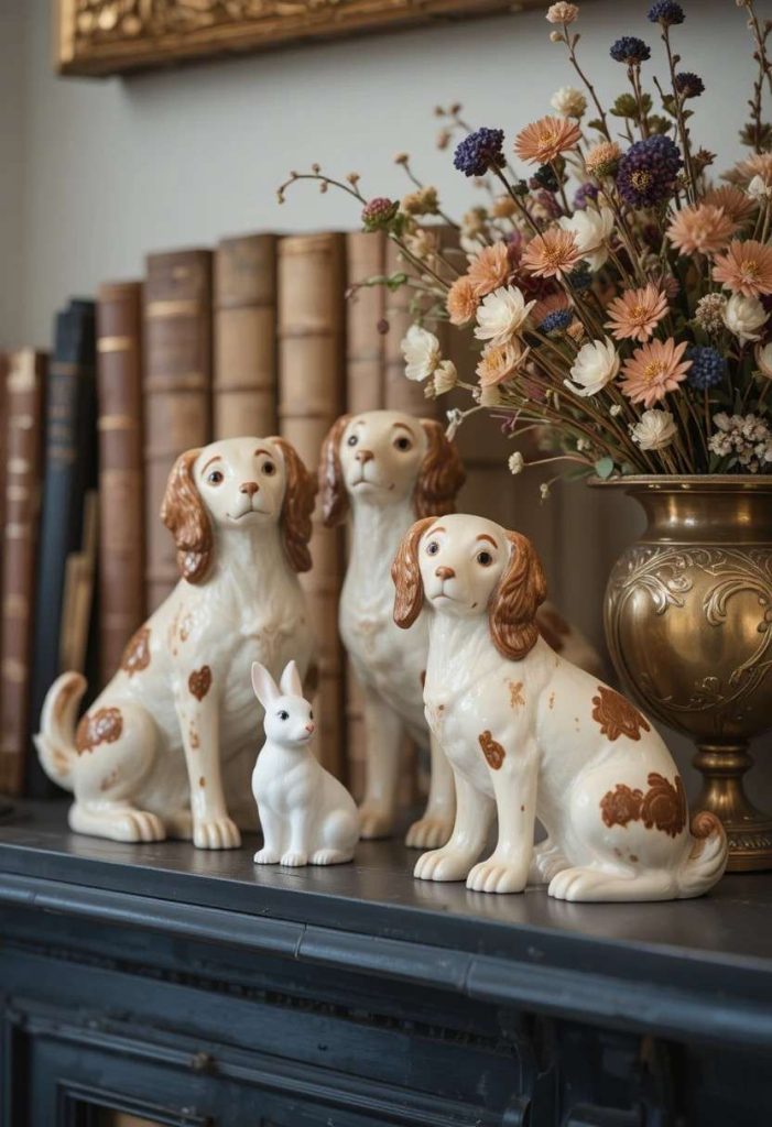Vintage Staffordshire ceramic dogs and a porcelain rabbit styled on a whimsical mantel with dried flowers.