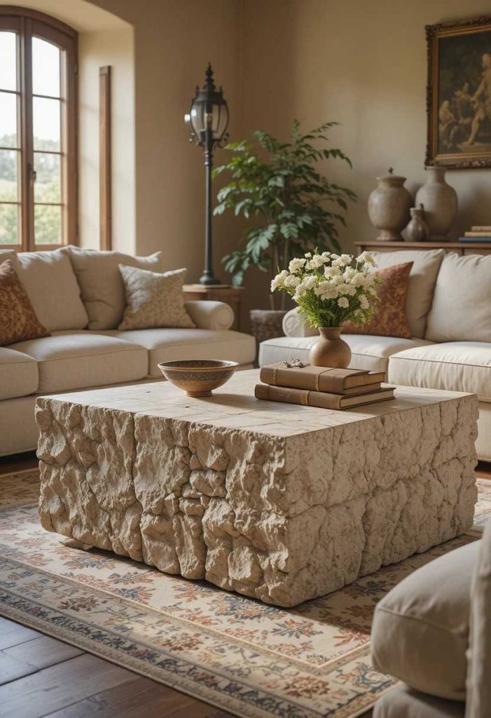 Honed travertine block coffee table in a Tuscan living room with linen sofa, vintage rug, and ceramic bowls on top.