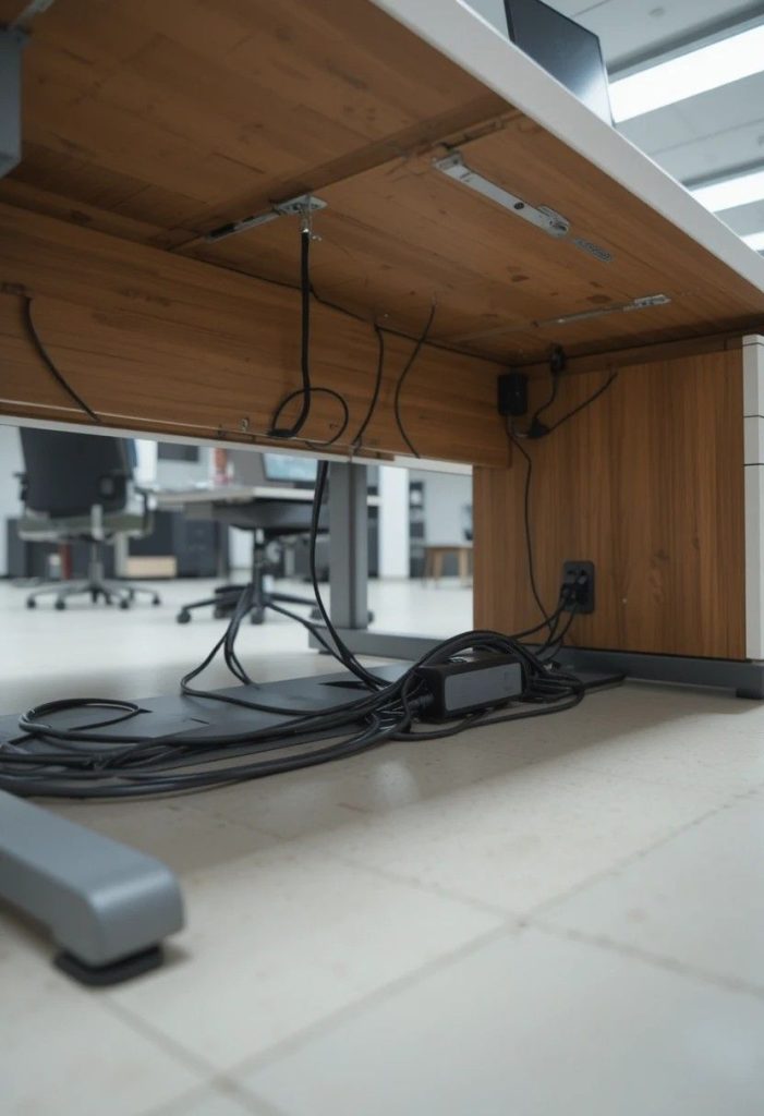 Under desk metal cable tray holding a power strip and bundled cables neatly tucked beneath an office desk