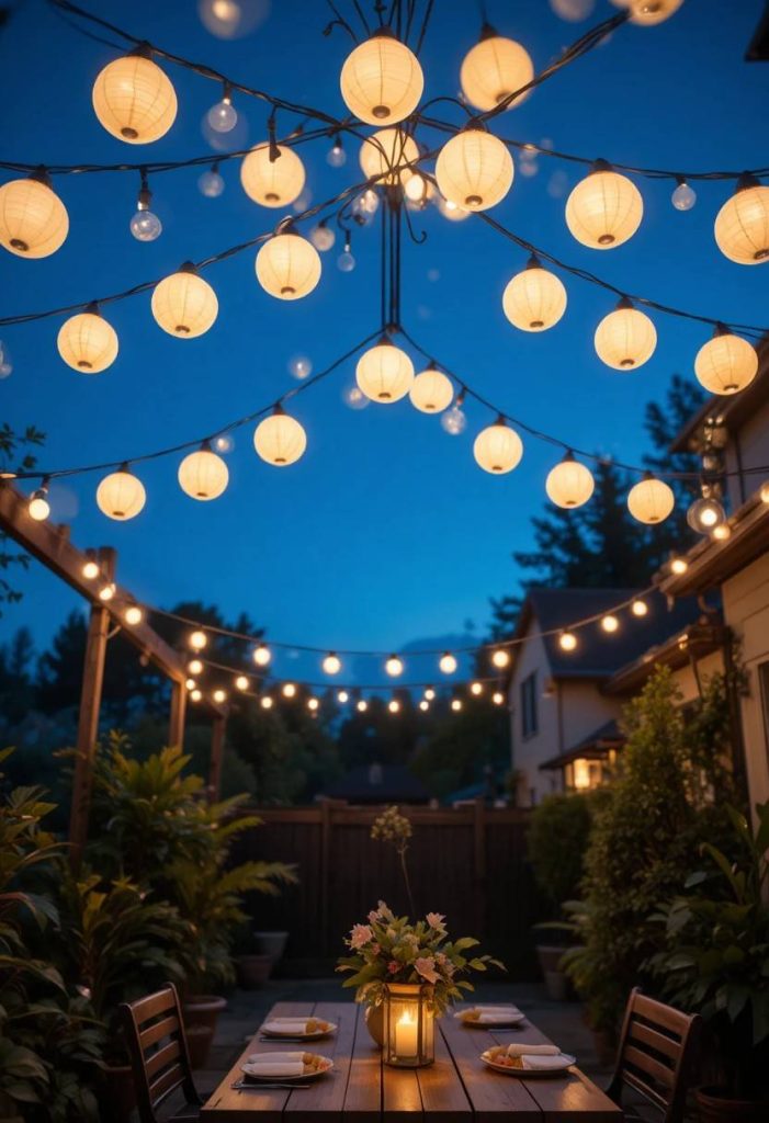 Warm white globe string lights forming a glowing canopy over a backyard patio at dusk with a wooden dining table below