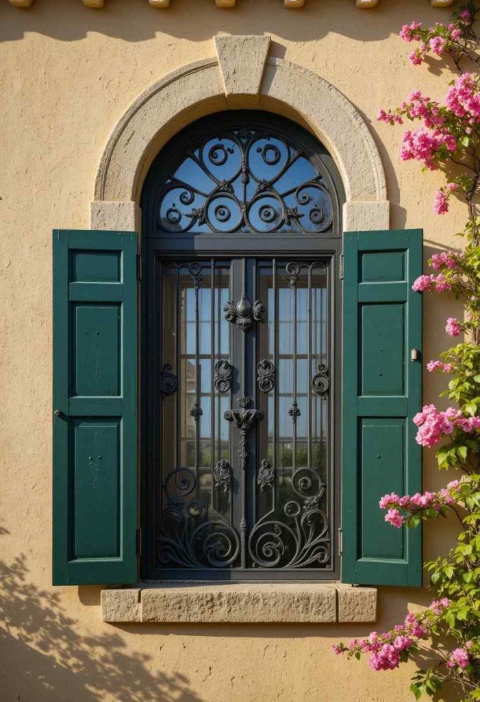 Tuscan arched window with hand-forged wrought-iron grill, cream stucco wall, green shutters, and climbing bougainvillea.