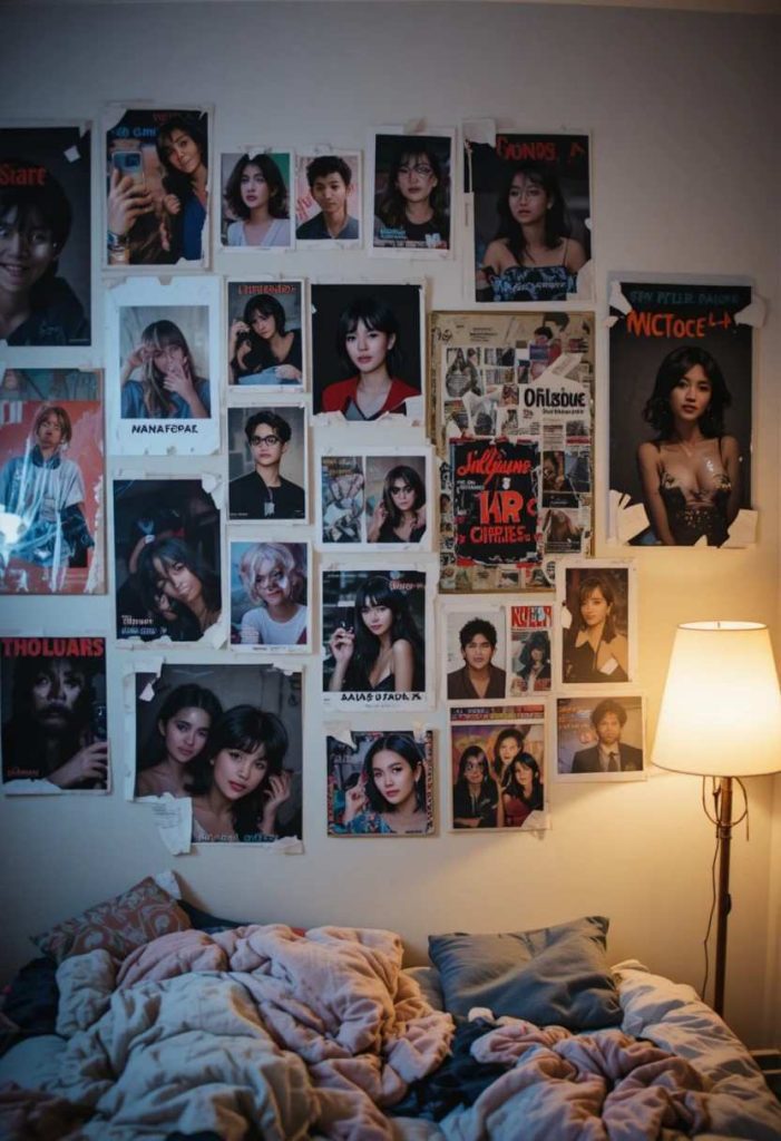 Personal grunge collage wall mixing phone photo prints with band posters and magazine cutouts