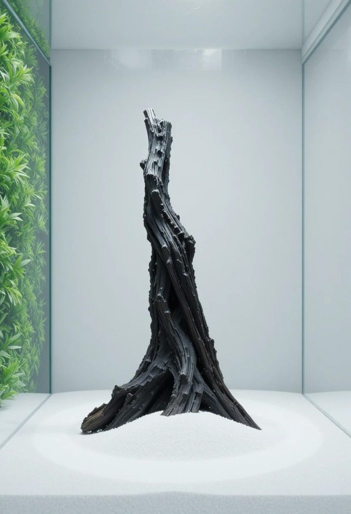 Minimalist aquascape with bright white sand and a sculptural piece of dark driftwood