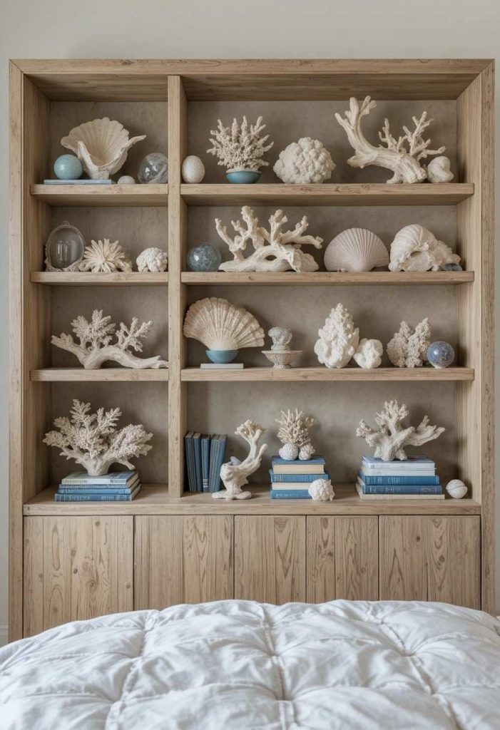 Bedroom shelves styled with driftwood, coral, seashells, and ocean-blue books