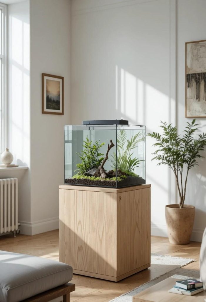 Small cube aquarium displayed on a light oak wooden stand in a modern minimalist living room