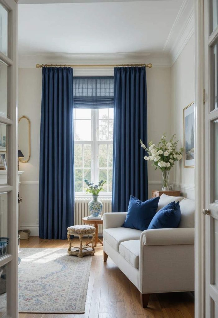 Navy blue linen curtains in a classic bright living room with cream sofa and coastal accessories