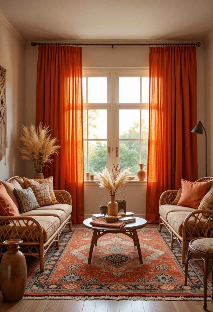 Floor-to-ceiling rust burnt orange linen curtains in a warm bohemian living room with Moroccan rug and rattan furniture