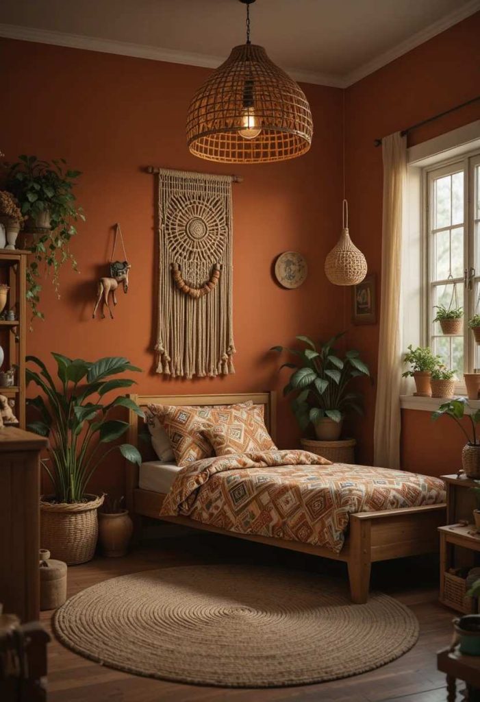 1970s inspired vintage kids room with terracotta walls, macrame wall hanging, rattan lamp, jute rug and geometric bedding